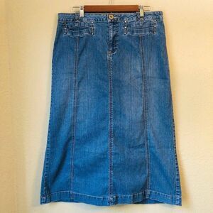 Baccini Womens Maxi Skirt 1X VTG Denim Embellished High Back Slit Country Wear